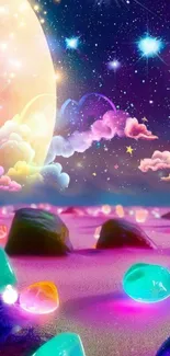 Enchanting cosmic landscape with colorful stones and dreamy clouds.