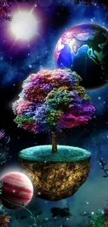 Colorful cosmic fantasy wallpaper with floating island, tree, and planets.