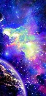 Vibrant cosmic galaxy wallpaper with planets and nebulas.