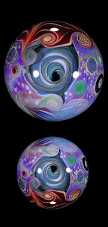 Colorful cosmic glass art with swirl patterns on a black background.