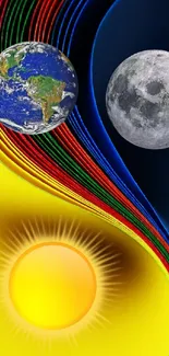 Earth, Moon, and colorful abstract background with Sun in vibrant harmony.