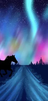 Silhouette of horse under vibrant aurora borealis in a starry night landscape.