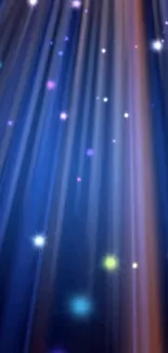 Cosmic light beams over a navy blue background with colorful stars.