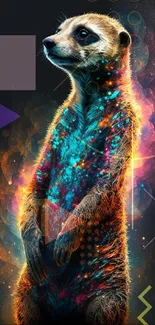 Colorful cosmic meerkat on a dark background, sparkling with vibrant hues.