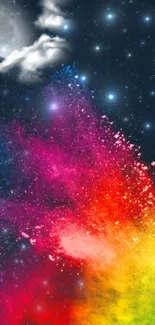 Colorful cosmic wallpaper with moon and stars.