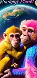 Colorful monkeys in a cosmic space setting with earth in the background.