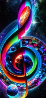 Colorful cosmic music note wallpaper with vibrant planets and galaxies.