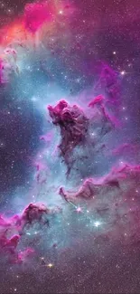 Colorful cosmic nebula with purple, blue, and pink hues set against a starry backdrop.