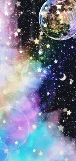 Vibrant cosmic wallpaper with stars, colors, and moon.