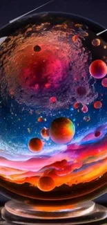 Colorful cosmic orb with vibrant hues of orange, red, and blue in abstract design.