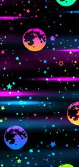 Colorful cosmic mobile wallpaper with planets and stars on a black background.