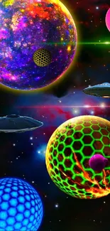 Vibrant cosmic wallpaper with colorful planets and UFOs set in space.