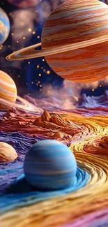 Colorful cosmic scene with planets and stars.
