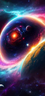 Vibrant cosmic wallpaper with planets and a colorful nebula in outer space.