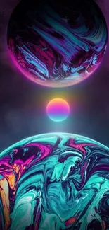 Vibrant cosmic planets with swirling colors.