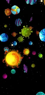 Vibrant cosmic planets on a black space background wallpaper.