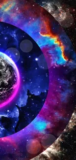 Vibrant cosmic wallpaper with glowing planet and colorful nebula.