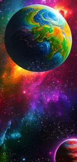 Vibrant cosmic planet wallpaper with colorful space and stars.