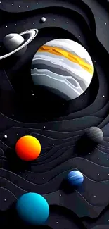 Vibrant planets on a black cosmic background, perfect for mobile wallpaper.