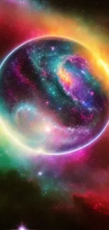 Vibrant cosmic planet with rainbow colors in galaxy wallpaper.