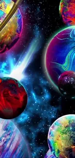 Vivid cosmic scene with colorful planets in space.