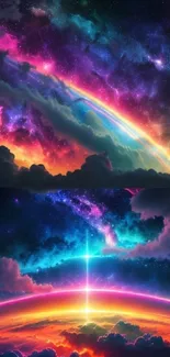 Colorful cosmic scene with vibrant rainbow and stars.