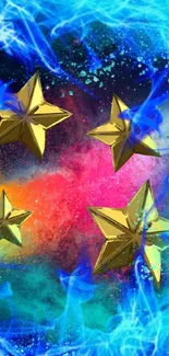 Golden stars in colorful cosmic blue nebula wallpaper.