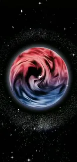 A vibrant cosmic swirl with red and blue hues against a starry black background.