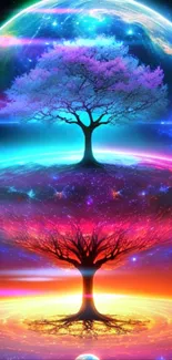 Vibrant cosmic tree with colorful gradient background.