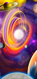 Vivid cosmic vortex with swirling planets in space-themed illustration.