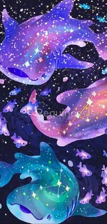 Colorful cosmic whale sharks wallpaper with stars and galaxies.