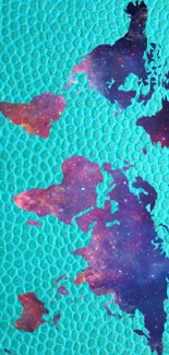 Colorful cosmic world map on teal background wallpaper.