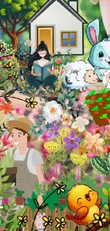 Whimsical garden wallpaper with animals and flowers.