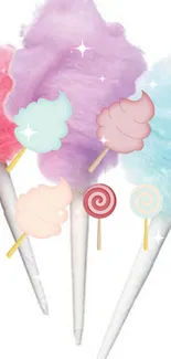 Pastel cotton candy and lollipops on a white background.