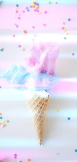 Cotton candy ice cream cone with colorful sprinkles on a white background.