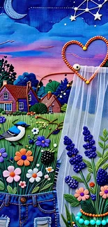 Vibrant countryside scene with flowers and stars in evening sky.