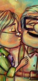 Vibrant cartoon couple embracing with colorful swirling background.