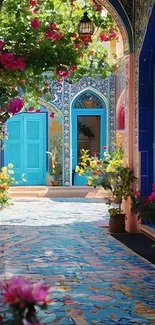 Vibrant courtyard with colorful tiles and blooming flowers.