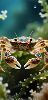 Vibrant colorful crab amidst ocean corals underwater.