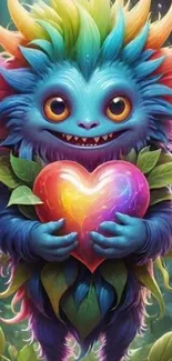 Colorful creature holding a glowing heart artwork.