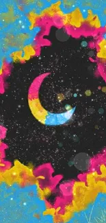 Colorful crescent moon with cosmic splash effects on a mobile wallpaper.