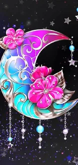 Colorful crescent moon with pink flowers on a black starry background.