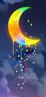 Colorful crescent moon with stars in the night sky mobile wallpaper.