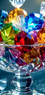 Colorful crystal candies in a decorative glass bowl.