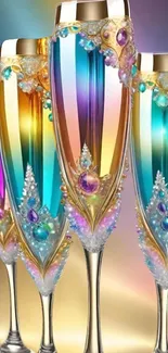 Elegant crystal champagne flutes with vibrant colors against a golden backdrop.