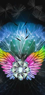 Colorful dandelion fantasy wallpaper with vibrant wings and abstract design.