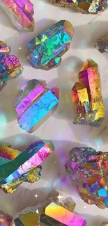 Colorful, iridescent crystal gems on a dazzling mobile wallpaper.