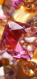 Colorful crystal gemstones with a golden hue.