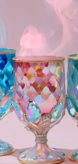 Colorful crystal goblets with misty aura.