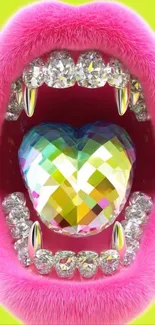 Colorful crystal heart in pink furry mouth with diamond teeth.
